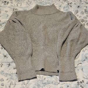 Express Gray Ribbed Turtleneck Sweater with Puff Sleeves